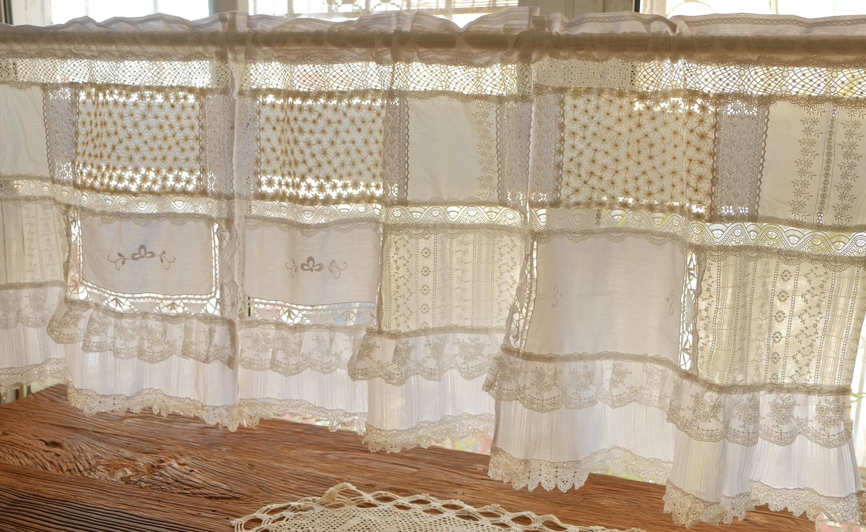 Beautiful Elegant French Country Cottage White Ivory Fabric Lace Farmhouse Curtain Valance Kitchen,  Caffe Curtain, Living Room