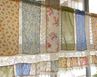 Unique Beautiful Farmhouse Patchwork Café Curtain with Floral Embroidery and Lace Trim – Country Kitchen Living Room Valance