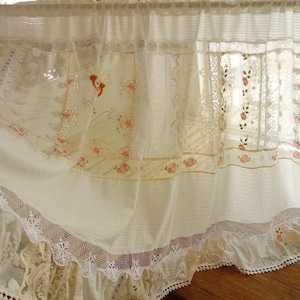 Ruffled Lace Curtain Panel: Ivory Sheer Tie-Up, Shabby Chic Decor French Country Boho Farmhouse Style Window Treatment