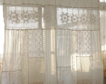 Handmade Patchwork Lace Curtain Farmhouse Shabby Chic Cottage Window Panel Custom  Cottage Shabby Chic Panel Handmade Lace Patchwork Curtain