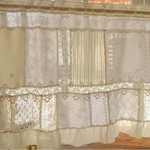 French Country-Inspired Farmhouse Curtain Valance – Sheer Ivory and White Layered Lace Panel with Vintage Charm and Elegant Cottage Appeal