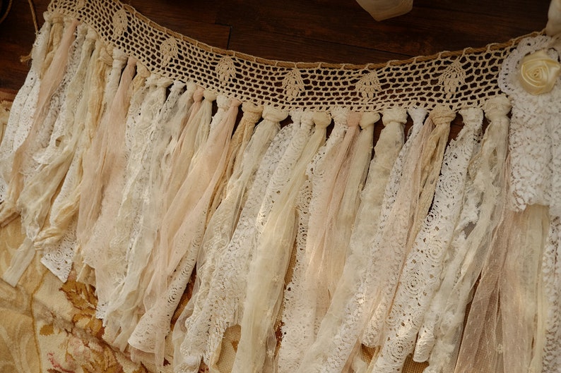 Unique Rustic Pure Romance ANTIQUE Lace Valance Shabby Chic Crochet Lace BOHO Vintage Jute Curtain Banner Wedding Garland