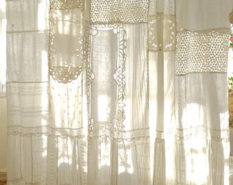 Painel de janela vitoriano em renda branca - Cortina romântica boho patchwork para café