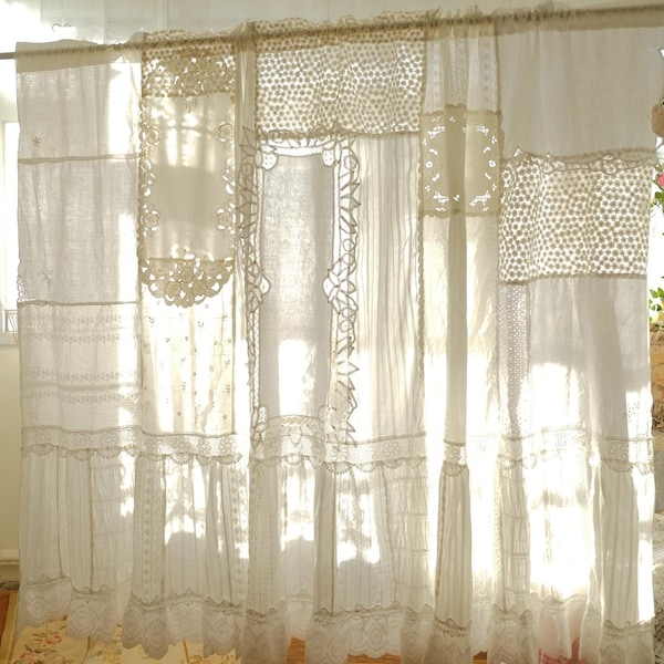 Victorian White Lace Window Panel - Romantic Boho Patchwork Cafe Curtain