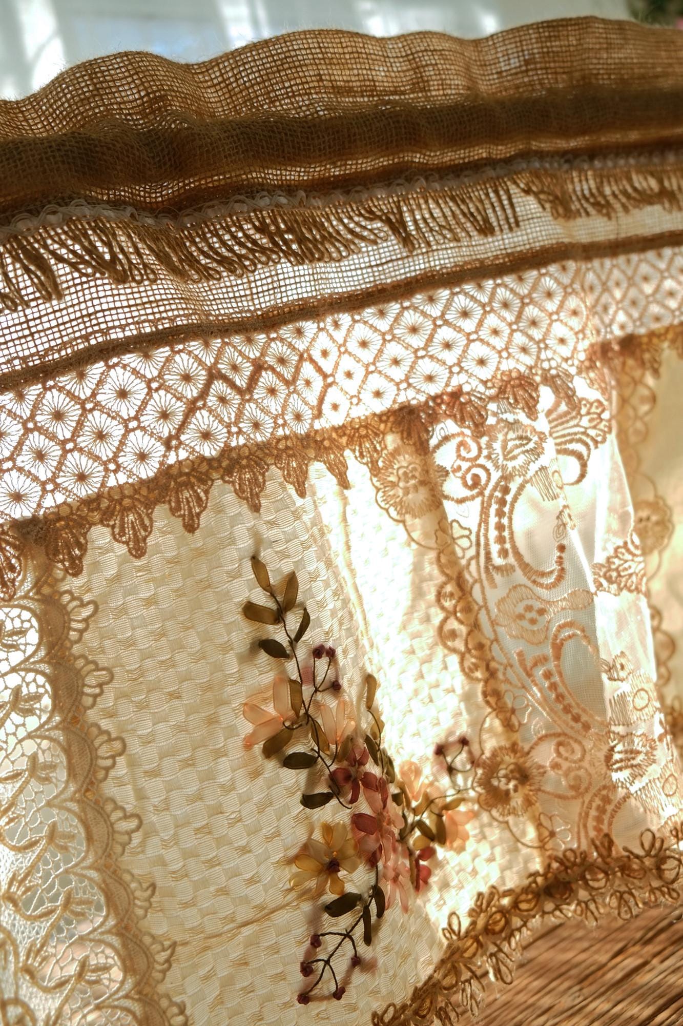 Handmade Burlap Lace Curtain French Country Farmhouse Vintage Tea Brown ...