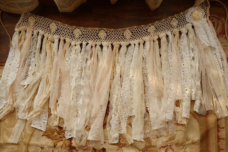 Unique Rustic Pure Romance ANTIQUE Lace Valance Shabby Chic Crochet Lace BOHO Vintage Jute Curtain Banner Wedding Garland