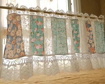 Floral Patchwork Lace Valance Curtain, Handmade Cottage Kitchen Valance, Blue Floral Curtain, Shabby Chic Farmhouse Window Treatment