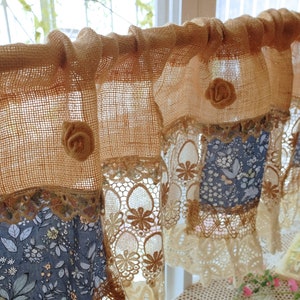 BOHO Country SHABBY Cottage Rustic Farmhouse Blue Fabric Vintage Lace Fringed Curtain Wall Hanging/Valance/Backdrop