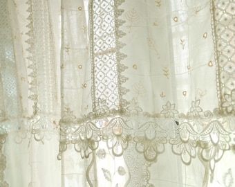 Cenefa de cortina de encaje estilo granja, color blanco marfil, estilo shabby chic mediterráneo, para colgar en la pared, hermoso telón de fondo hecho a mano.