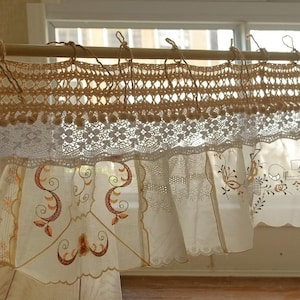 Handmade Patchwork Curtain with Crochet Top and Vintage Lace