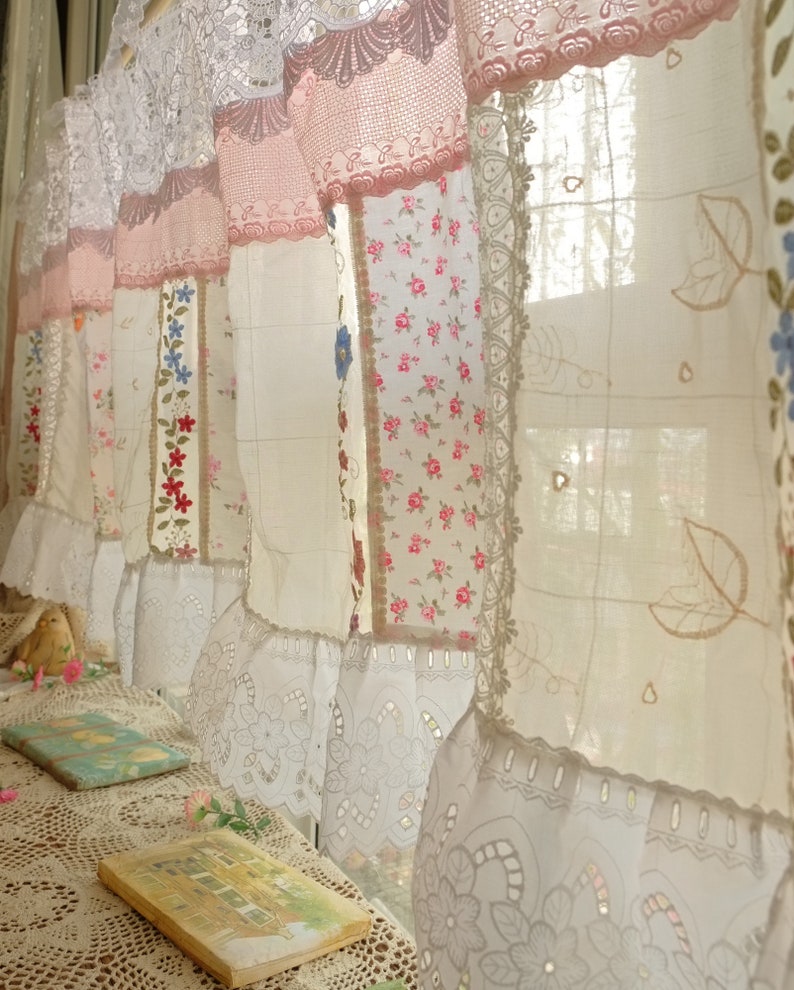 Beautiful Elegant French Country Cottage Colorful Fabric Farmhouse Lace Curtain Valance Backdrop/Wall Hanging image 6