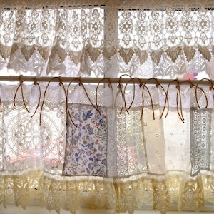 Handmade Lace Doily Curtain Valance: Shabby Chic French Country Farmhouse Fringed Window Treatment