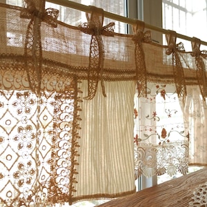 Elegant Rustic French Country Sheer Café Curtain with Floral Embroidery and Lace Edge – Kitchen, Living Room Valanc Lace Curtain Valance