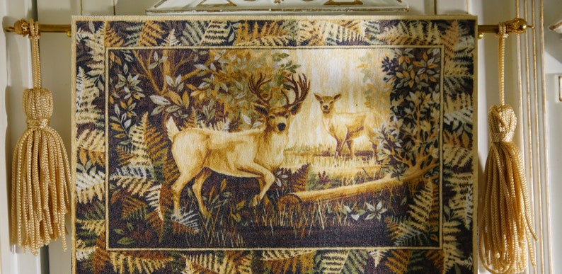 Dollhouse Aubusson Tapestry 2 Lovely Deers in Dark Wood 112 16 Scale