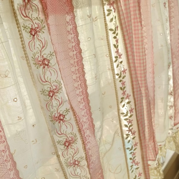SHABBY Chic Pink Cottage Rustic Lace Doily Fringed Curtain Valance/Wall Hanging/Backdrop