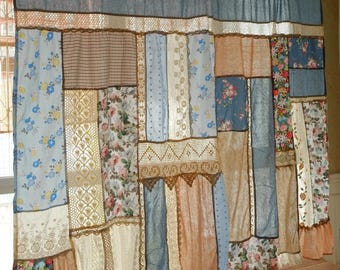 Handmade Blue Floral Patchwork Curtain Lace Shabby Chic Farmhouse Boho Window Valance