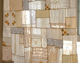 Vintage Patchwork Lace Curtain, Handmade Farmhouse Window Panel, Beige Linen Curtain, Rustic Cottage Kitchen Curtain, Shabby Chic Decor
