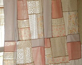 French Country Pink Patchwork Lace Curtain Boho Farmhouse Floral Shabby Chic Cottagecore Window Panel