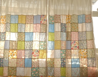 Colorful Quilt Style Patchwork Curtain, Floral Square Cottagecore Drapery, Custom Size Shabby Chic Panels