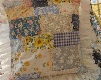 Vintage Blue Floral Patchwork Pillow Cover Handmade Cottagecore Lace Trim Shabby Chic Cushion Shell