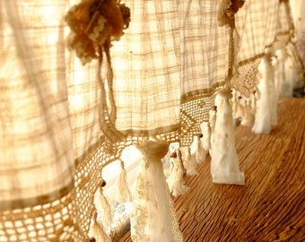Scottish Country Shabby Chic Window Valence Curtain Banner Burlap Lace Rosette Handmade