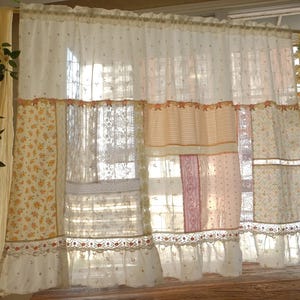 Romantic Floral Patchwork Lace Curtain – Shabby Chic Cottagecore Valance with Ruffled Bottom & Embroidered Details