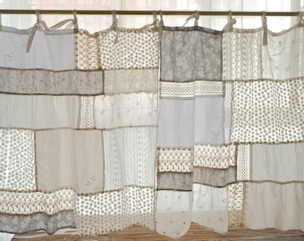 Nordic Farmhouse Style Patchwork Curtains with Intricate Lace & Embroidery Work