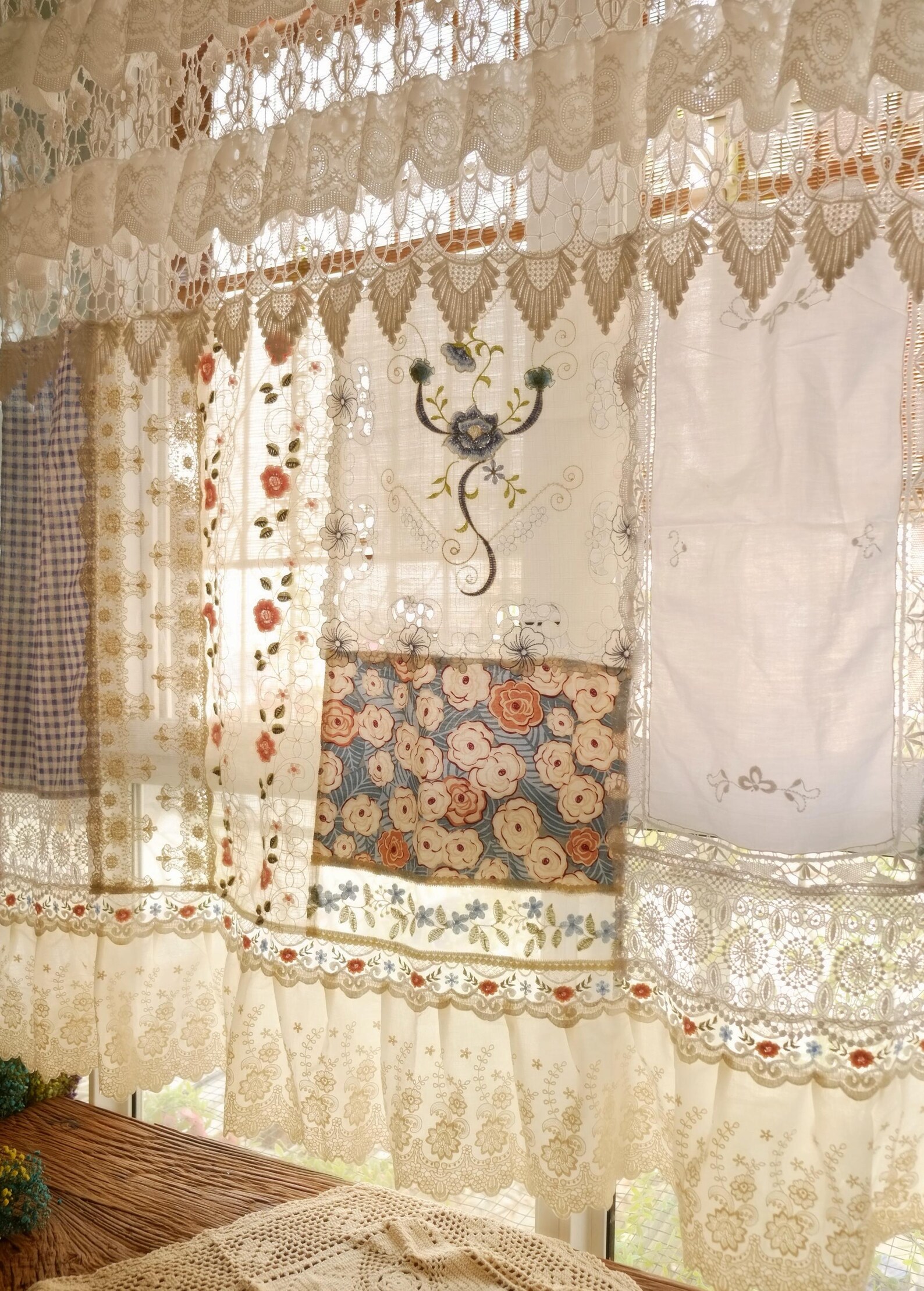 Boho Lace Curtain, Shabby Chic Patchwork Farmhouse Country Decor ...