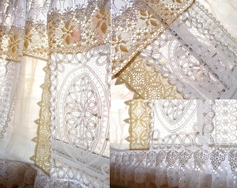 Beautiful Elegant French Country Cottage White Fabric Farmhouse Lace Curtain Valance Backdrop/Wall Hanging