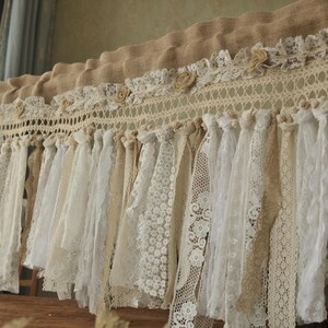 Custom Burlap Ivory Beige Lace Tie-Up Panel Curtain Boho Vintage Kitchen Bedroom Decor Shabby Chic Window Treatments