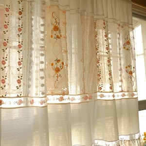 Vintage Floral Lace Curtain, Shabby Chic Sheer Panel, Embroidered Café Curtain, French Country Cottage Window Drape