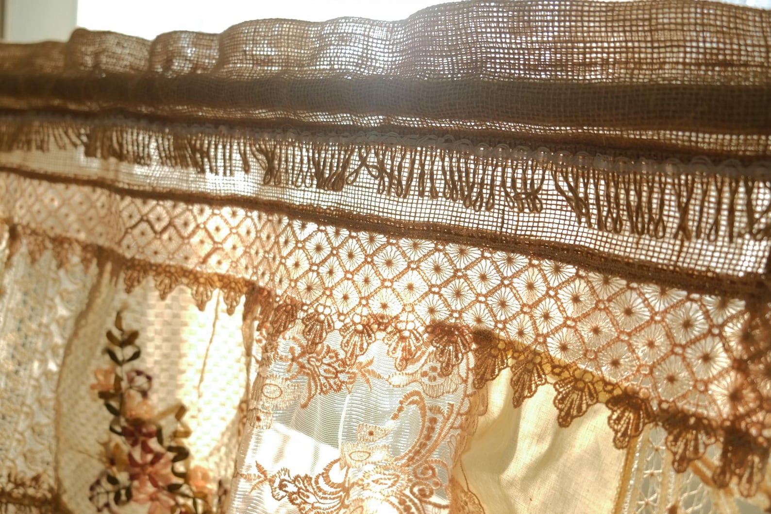 Handmade Burlap Lace Curtain French Country Farmhouse Vintage Tea Brown ...
