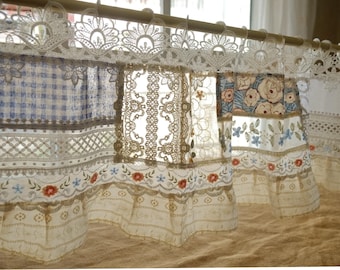 Cottagecore Gingham and Floral Patchwork Valance with Robin White Blue Ivory Accents