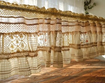 Vintage Cream Crochet Lace Patchwork Curtain, Victorian Cutwork Valance, Custom Shabby Chic Boho Drapery