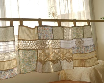 Vintage Floral Patchwork Curtain, Crochet Flower Lace Valance, Custom Size Cottagecore Kitchen Cafe Drapery