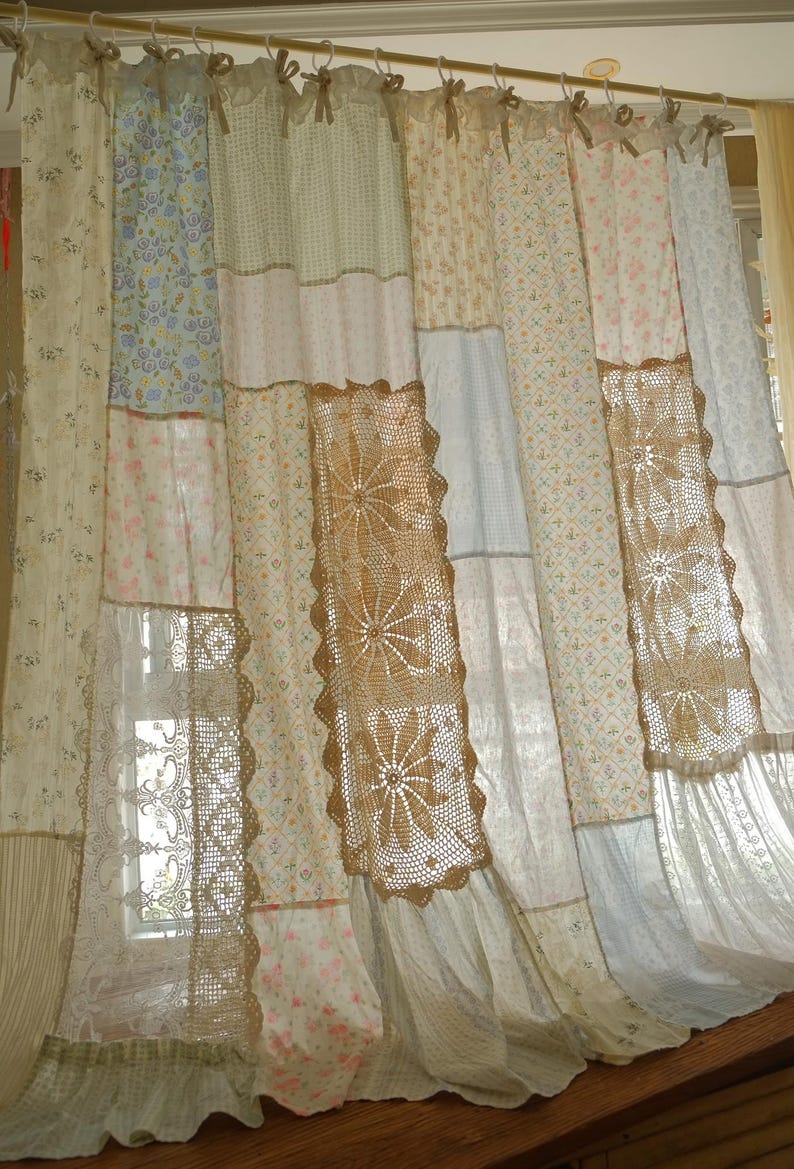 Shabby Chic Patchwork Lace Curtain Handmade with mixed patterns crochet accents & ruffled hems for a romantic vintage feel