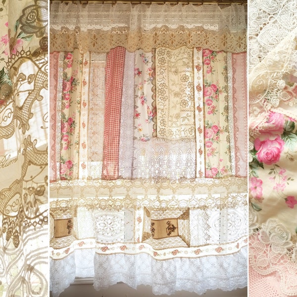 Large SHABBY Chic Country Cottage Farmhouse Vtg. Burlap Lace Fringed Curtain Valance/Wall Hanging/Backdrop