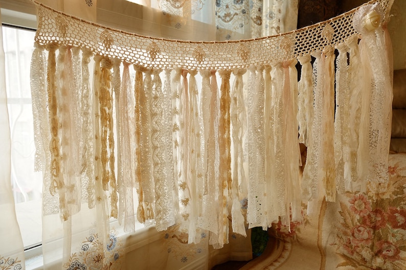 Unique Rustic Pure Romance ANTIQUE Lace Valance Shabby Chic Crochet Lace BOHO Vintage Jute Curtain Banner Wedding Garland