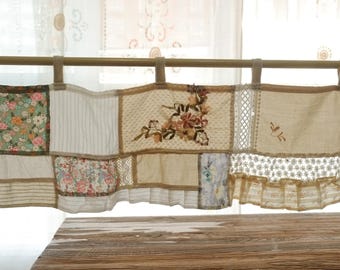 Boho Chic Cafe Curtains in Retro Floral and Gingham Patchwork with Crochet Details
