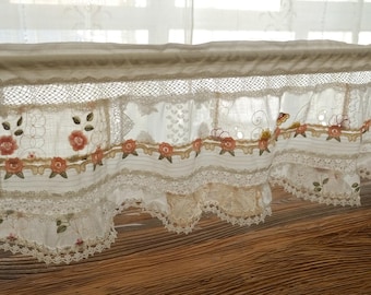 Boho Feminine Sheer Cafe Curtain with Embossed Coral Rose Accents and Mesh Netting