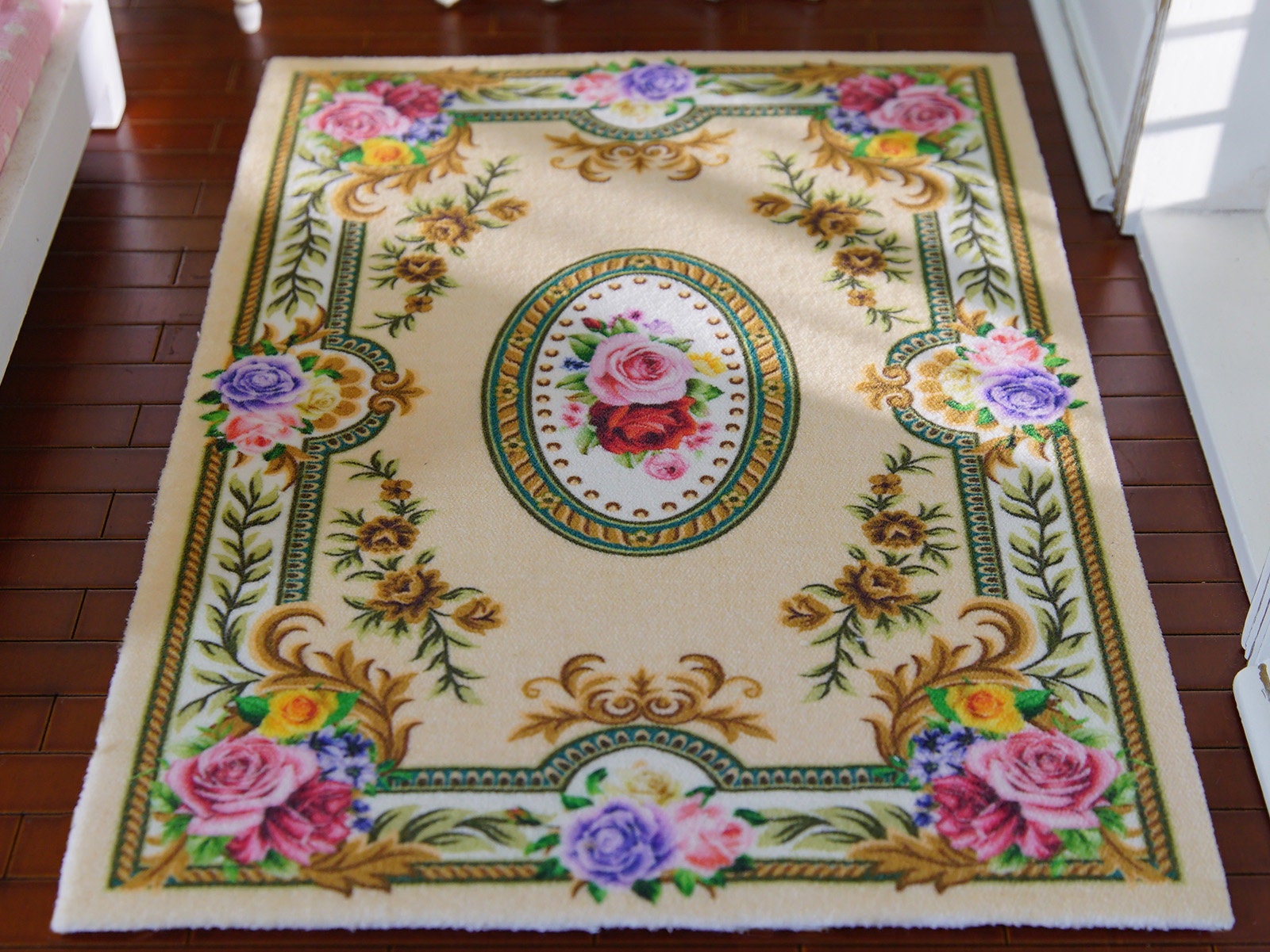 square Dollhouse miniature carpet black with rosette