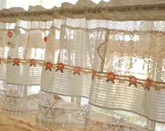 Floral Patchwork Lace Valance Curtain, Handmade Cottage Kitchen Valance, Shabby Chic Farmhouse Window Treatment