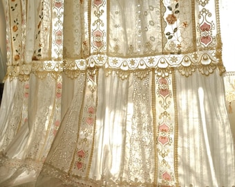Vintage Handmade Patchwork Lace Curtain Embroidered Floral Cottage Farmhouse Window Panel Custom Boho Cottage Window Panel Vintage Style