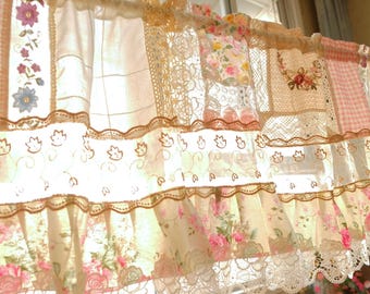 Elegante cortina de encaje estilo rústico francés de tela colorida, estilo mediterráneo, estilo granja romántico, estilo bohemio, con encaje de ganchillo para cocina y sala de estar.