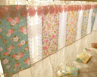 Elegant Country Cottage Colorful Fabric Farmhouse Lace Curtain Valance Backdrop/Wall Hanging