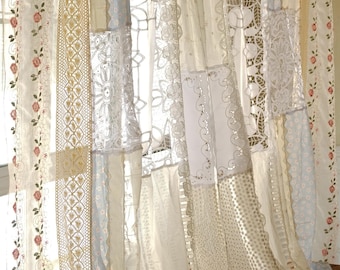 French Country Patchwork Curtain Boho Farmhouse Sheer Floral Shabby Chic Lace Window Panel