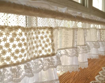 Beautiful Ivory White Elegant French Country Cottage Colorful Fabric Farmhouse Lace Curtain Valance Backdrop/Wall Hanging