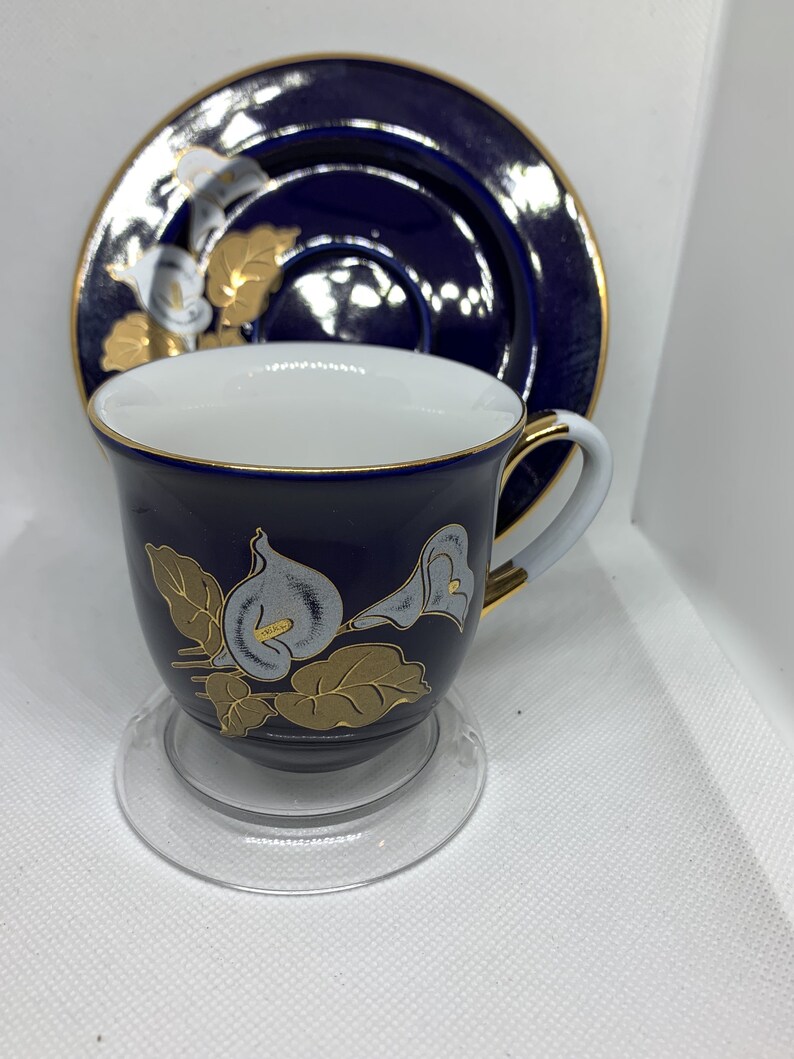 Apulum Romania. Cup and Saucer. Cobalt Blue With Cala Lilies Etsy