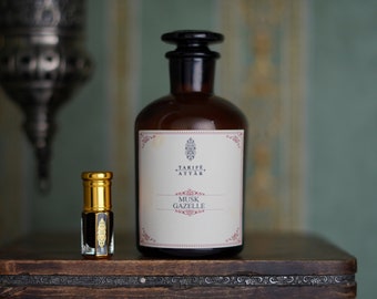 Musk Al Gazelle de Tarife Attar, un almizcle oscuro rico, picante y embriagador y una fragancia sensual, sin alcohol, sin crueldad (botella de 3 ml)