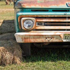 May include: A close-up of a vintage teal and rust-coloured Ford truck. The front of the truck features a round headlight, a rusted grill, and a New Jersey number plate. Hay bales are in the foreground.